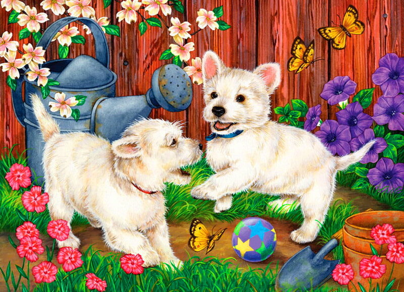 Two White Puppies Playing — Green