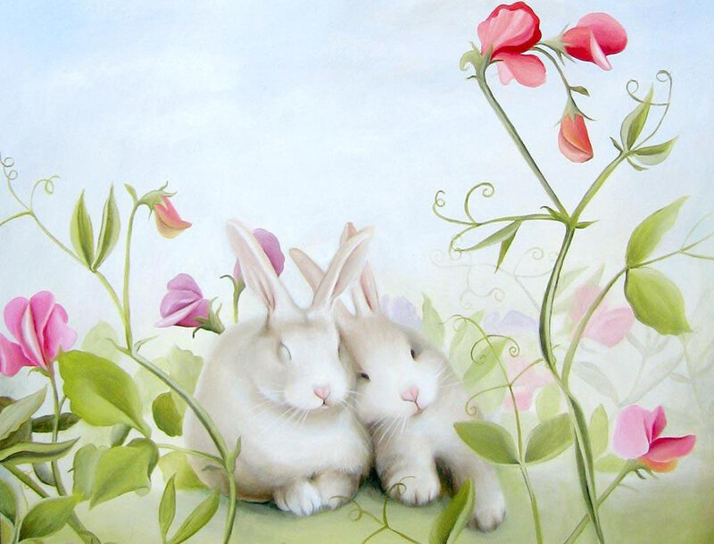 Two White Rabbits — Serene, Spring, Painting