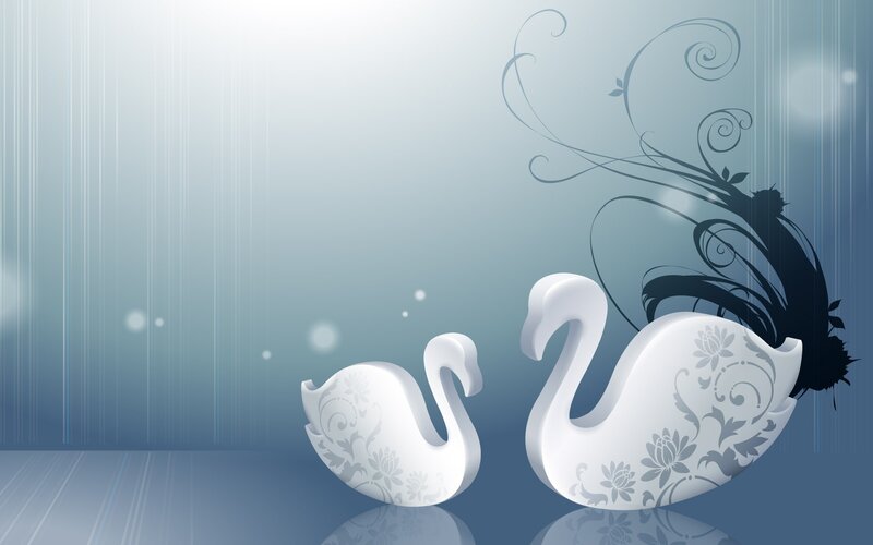 Two White Swans — Serene, Digital Art, Floral Patterns