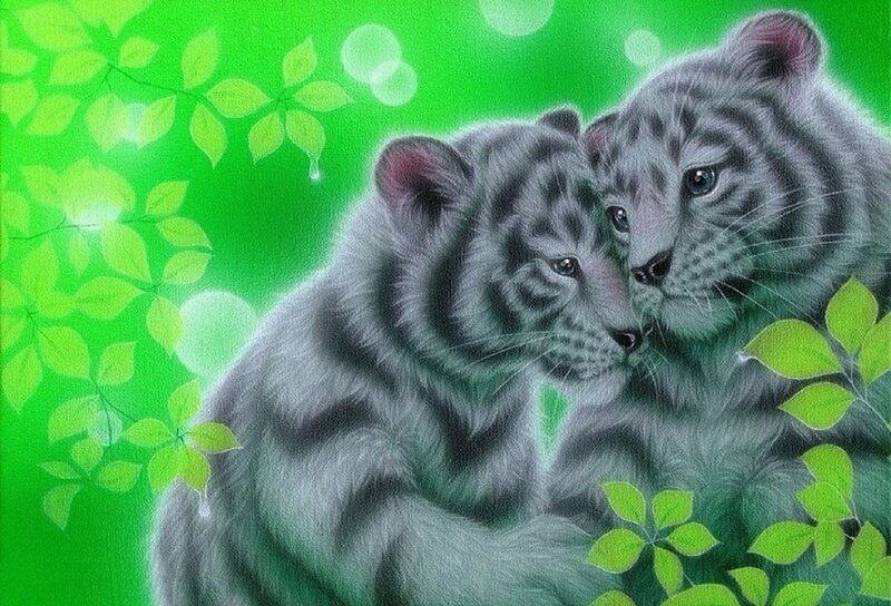 Two White Tiger Cubs — Green