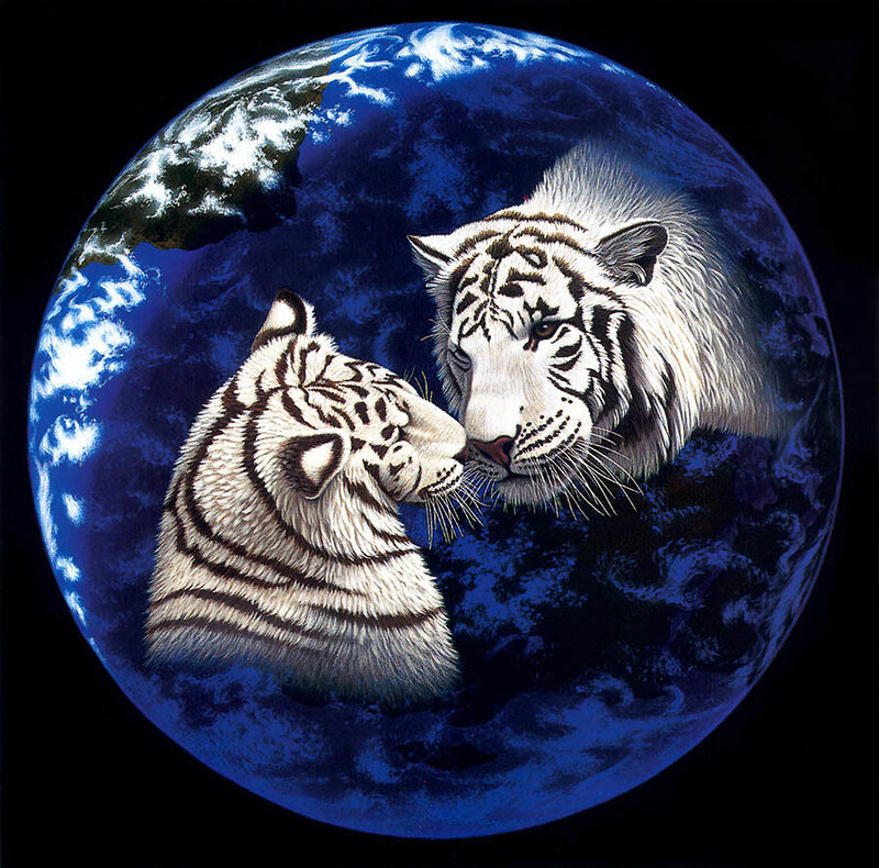 Two white tigers with Earth