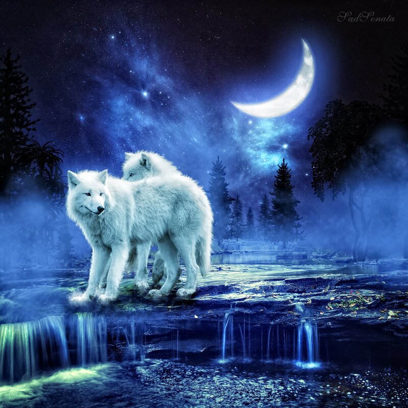 Two White Wolves — Blue, Serene, Night, Digital Art