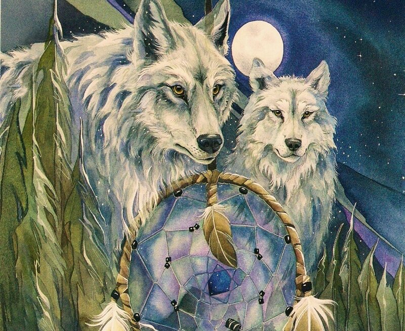 Two White Wolves — Blue, Serene, Night