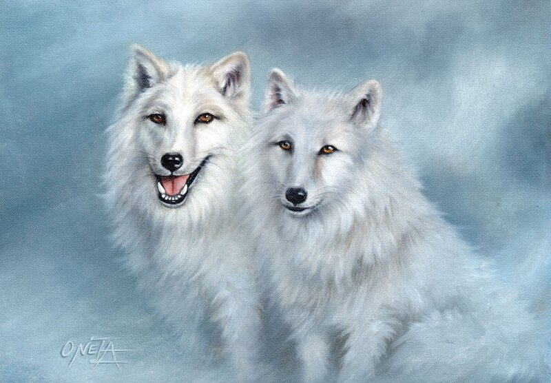 Two White Wolves — Calm, Painting, Signature