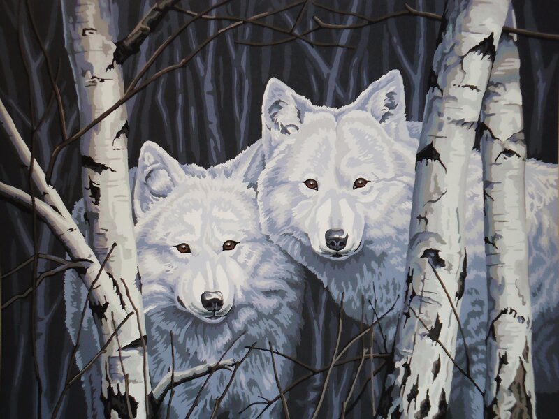 Two White Wolves — Calm, Winter, Painting