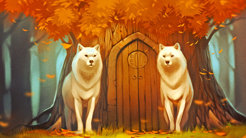 Two White Wolves — Orange, Serene