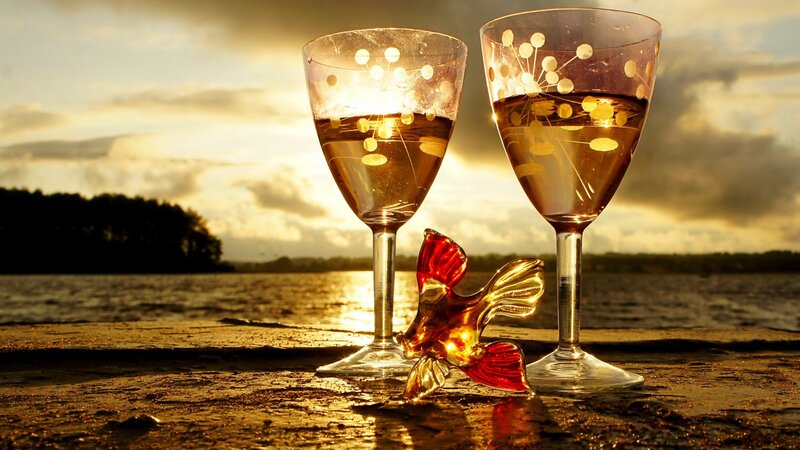 Two Wine Glasses and a Fish