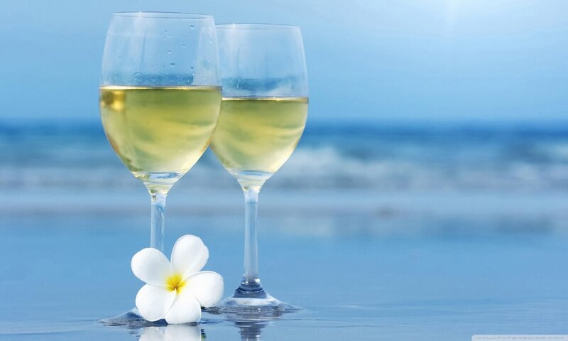 Two Wine Glasses on Beach — Blue, Serene