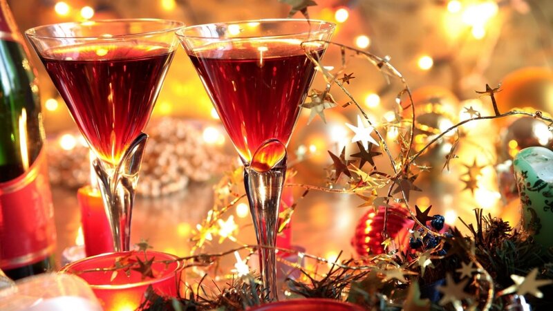Two Wine Glasses — Red, Festive, Night, Photograph, Candles, Stars