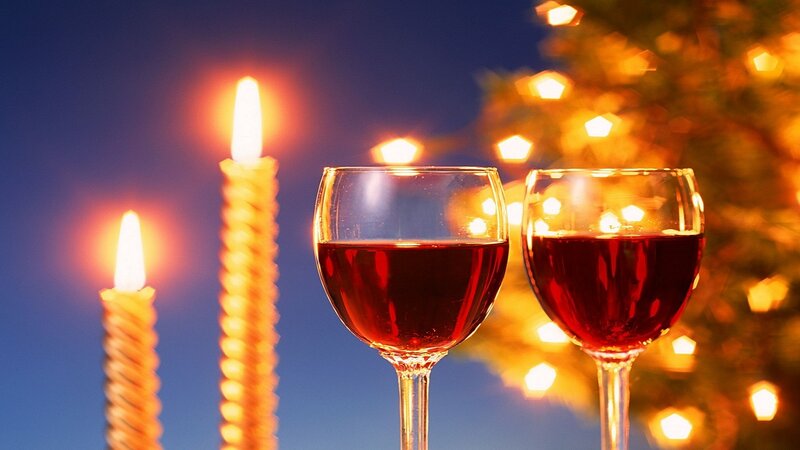 Two Wine Glasses — Red, Festive, Night, Photograph, Candles