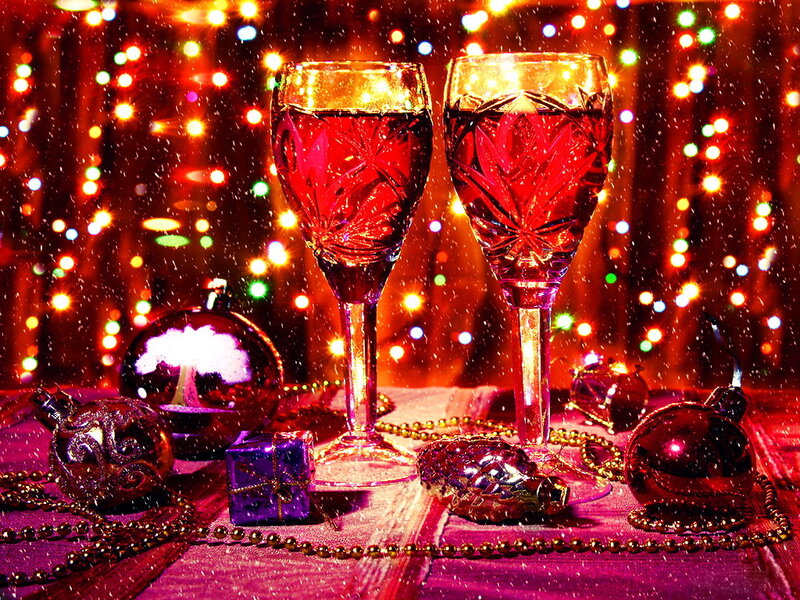 Two Wine Glasses — Red, Festive, Night, Photograph, Christmas Ornaments