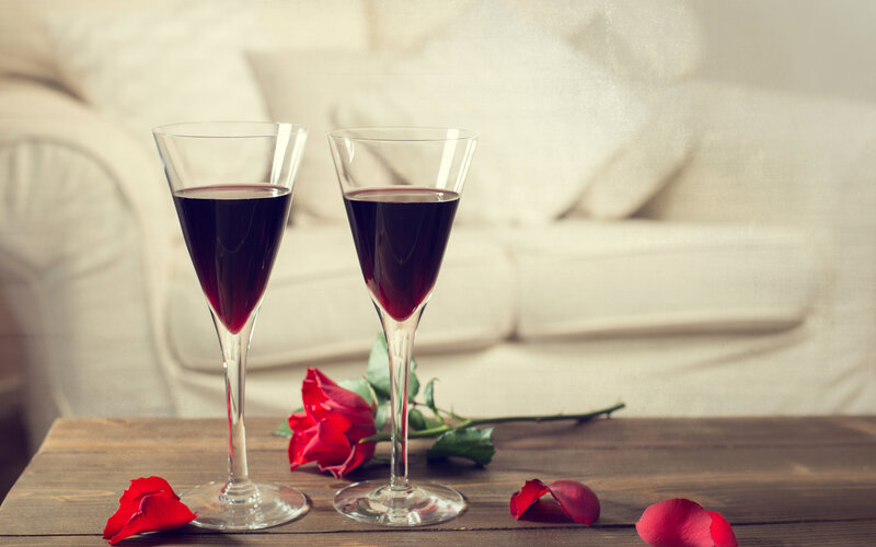 Two Wine Glasses — Red, Romantic, Photograph, Rose, Petals