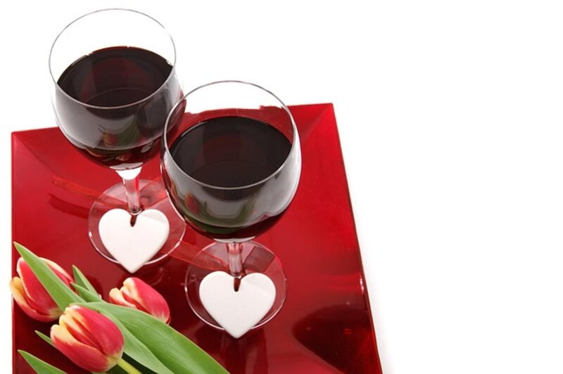 Two Wine Glasses — Red, Romantic, Photograph, Tulips