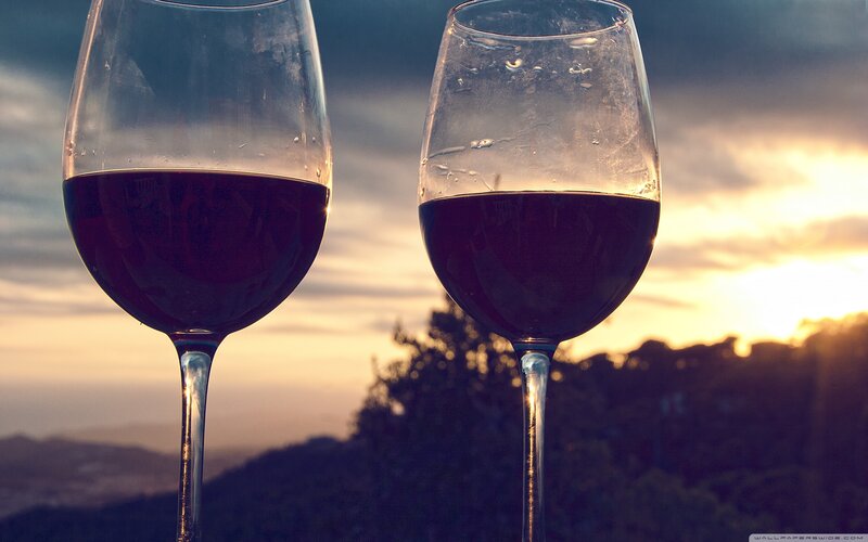 Two Wine Glasses — Red, Serene, Sunset, Photograph, Red Wine