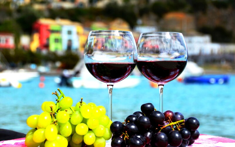 Two Wine Glasses with Grapes — Blue
