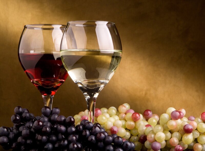 Two Wine Glasses with Grapes — Gold, Dramatic, Photograph