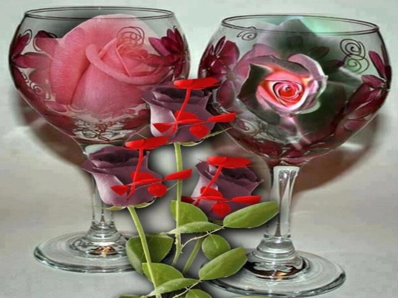 Two Wine Glasses with Roses — Pink