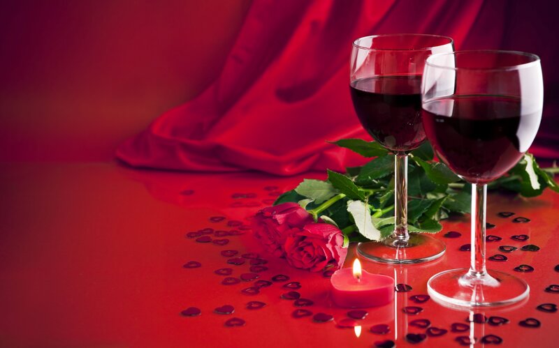 Two Wine Glasses with Roses — Red, Romantic, Photograph, Candle