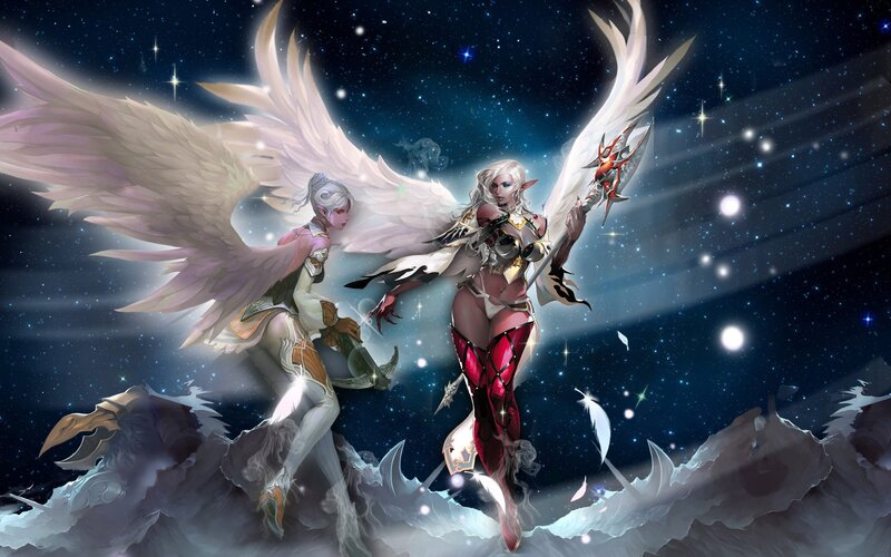 Two Winged Female Figures — White, Dramatic, Night