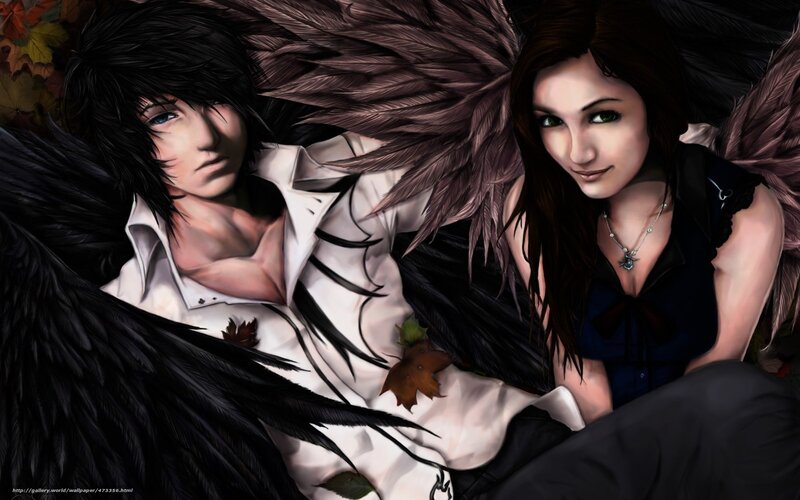 Two Winged Figures — Black, Dramatic, Autumn, Digital Art