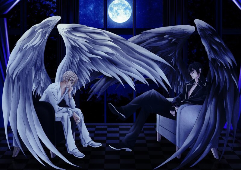 Two Winged Figures — Blue, Dramatic, Night, Anime, Wings