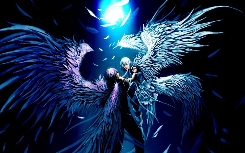 Two Winged Figures — Blue, Dramatic, Night, Digital Art, Wings, Light