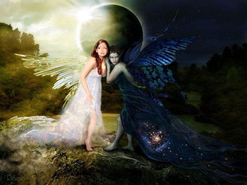 Two Winged Figures — Blue, Dramatic, Night, Digital Art, Wings, Moon