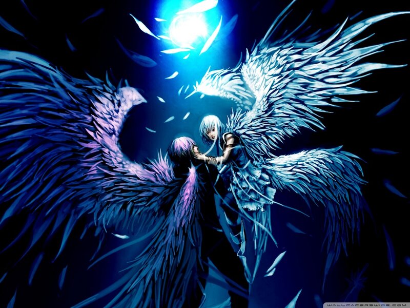 Two Winged Figures — Blue, Dramatic, Night, Digital Art, Wings