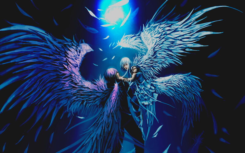 Two Winged Figures — Blue, Dramatic, Night