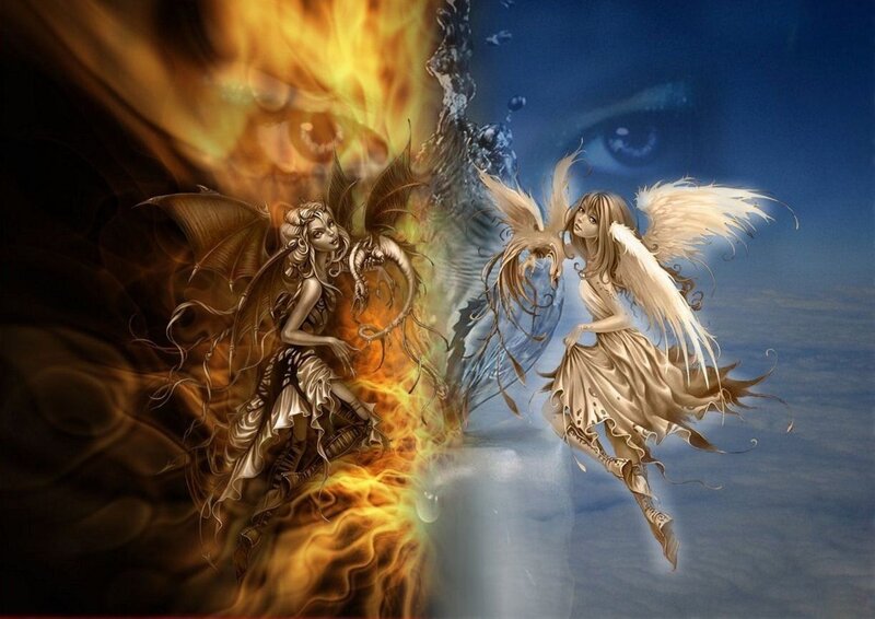 Two Winged Figures — Blue, Dramatic