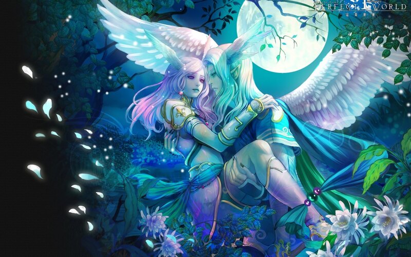 Two Winged Figures Embracing — Blue, Serene