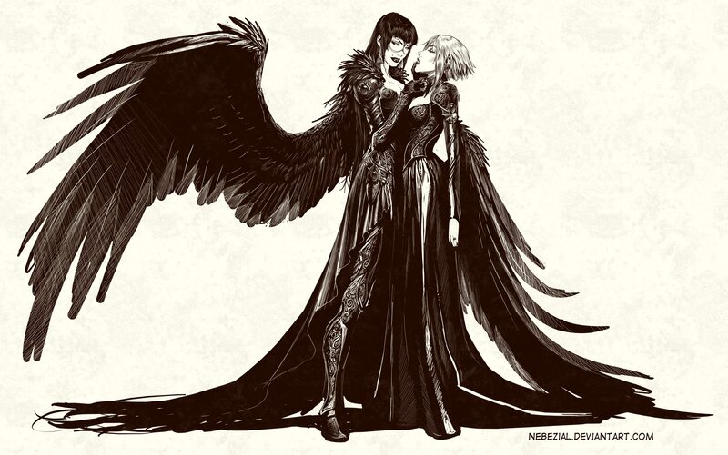 Two winged figures embracing