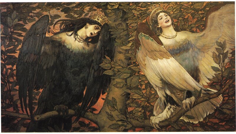Two winged figures in a forest