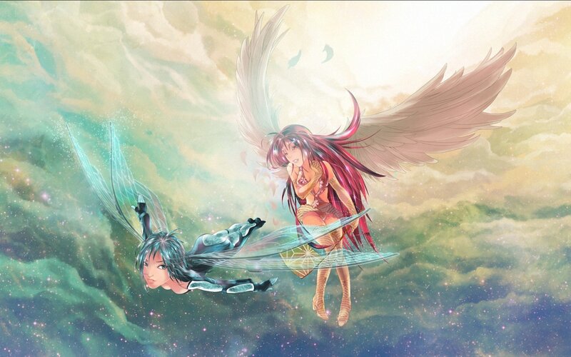 Two winged figures in a starry sky