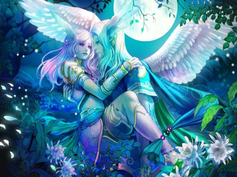 Two Winged Figures in Forest — Blue, Serene, Night, Digital Art