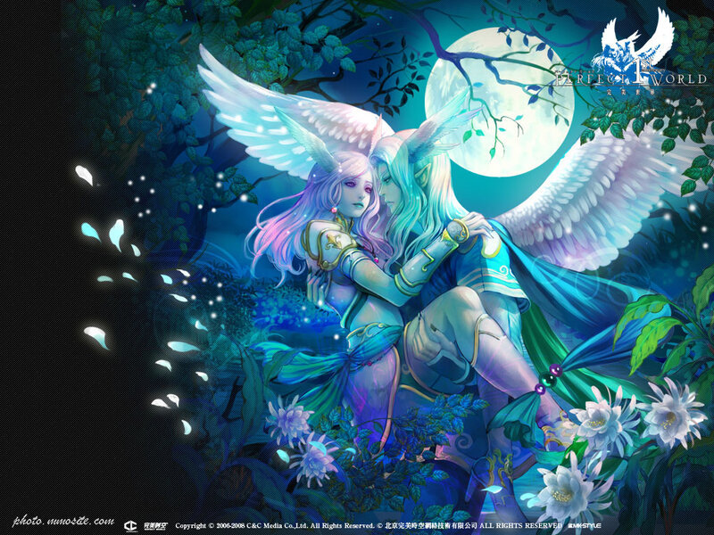 Two Winged Figures in Forest — Blue, Serene, Night, Digital Art, Wings