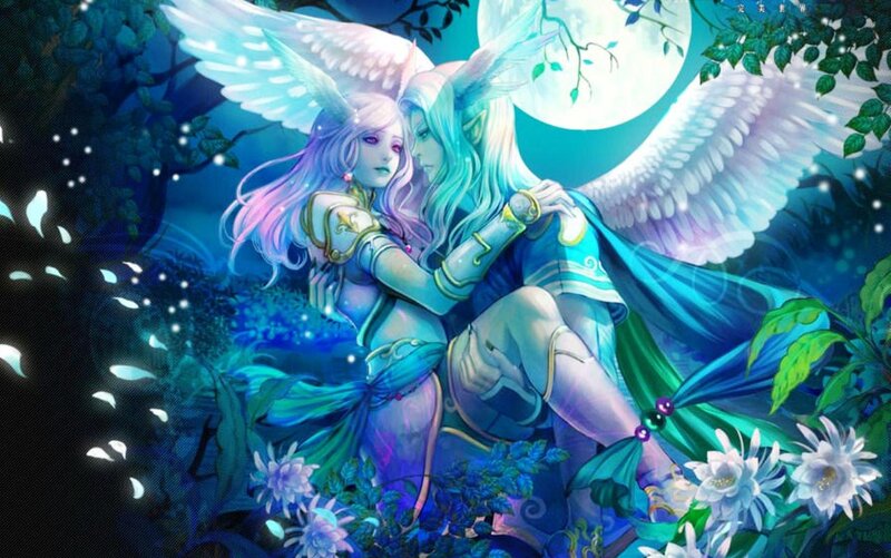 Two Winged Figures in Forest — Blue, Serene, Night