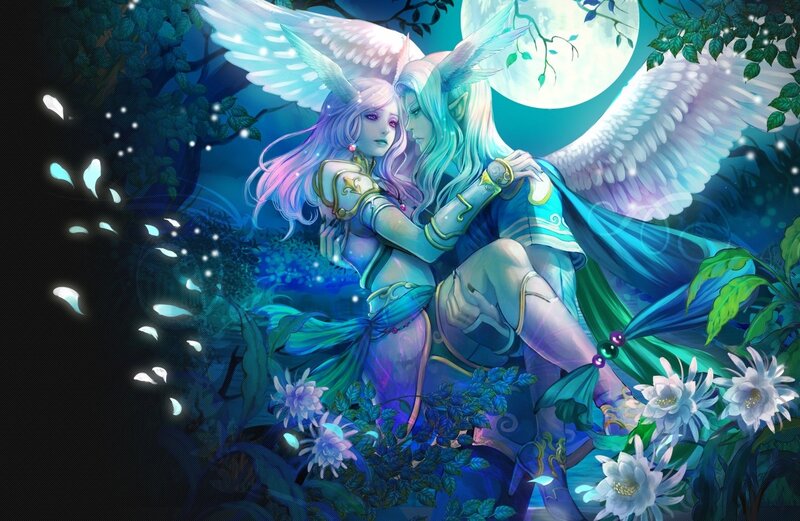 Two Winged Figures in Forest — Blue, Serene