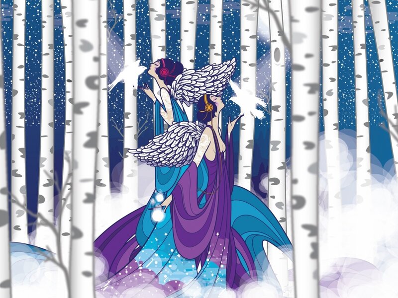 Two Winged Figures in Forest — Purple