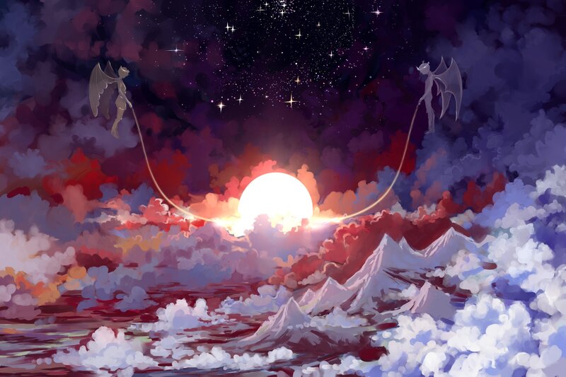 Two Winged Figures Jumping Rope — Purple, Dreamy