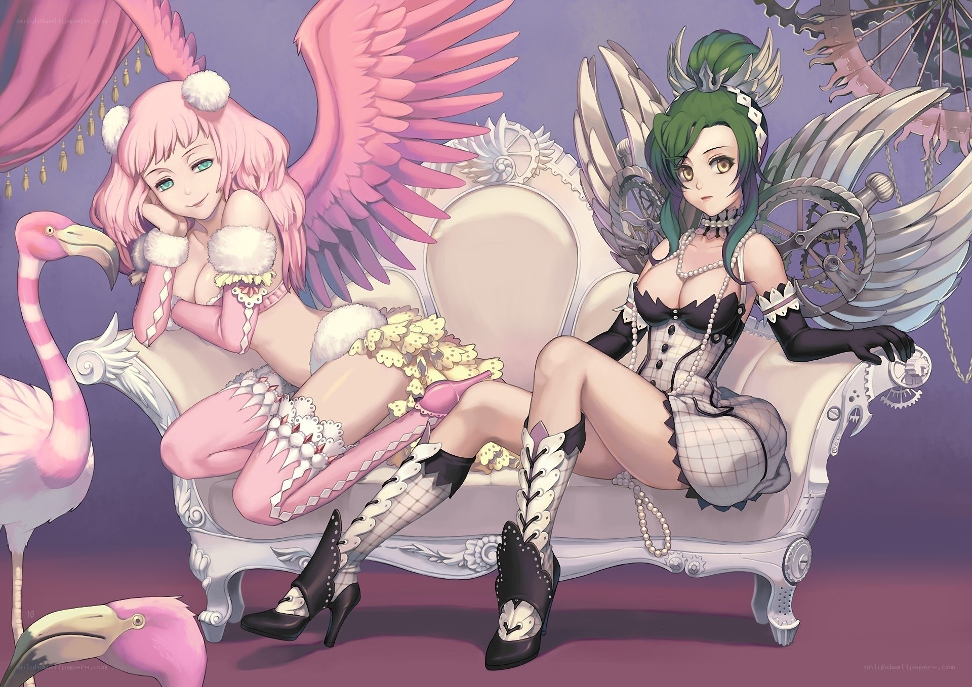 Two winged girls on a couch