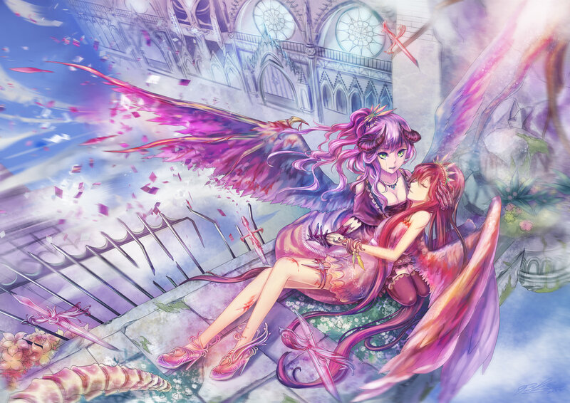 Two Winged Girls on Steps