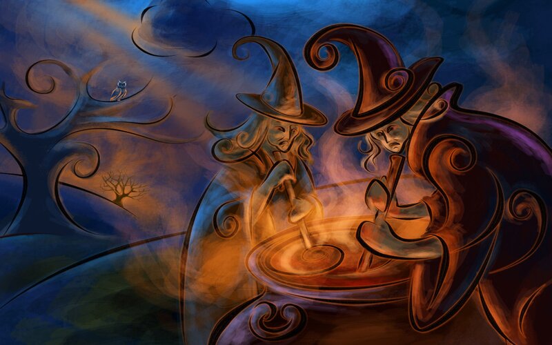 Two Witches at Cauldron — Blue