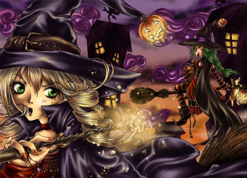 Two witches flying on broomsticks