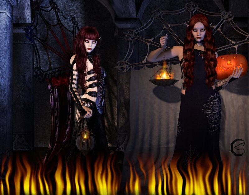 Two witches in a spooky setting