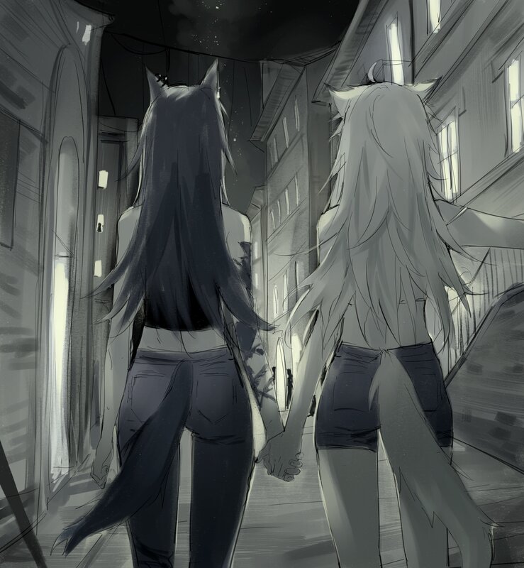 Two Wolf Girls Holding Hands