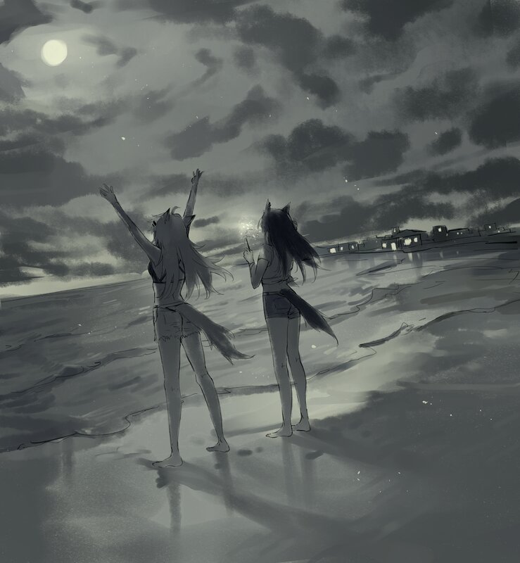 Two Wolf Girls on Beach