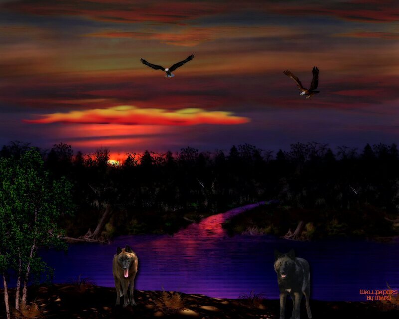 Two Wolves by River — Purple