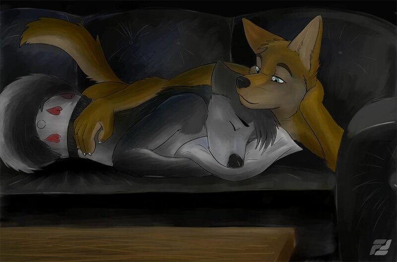Two wolves cuddling on a couch