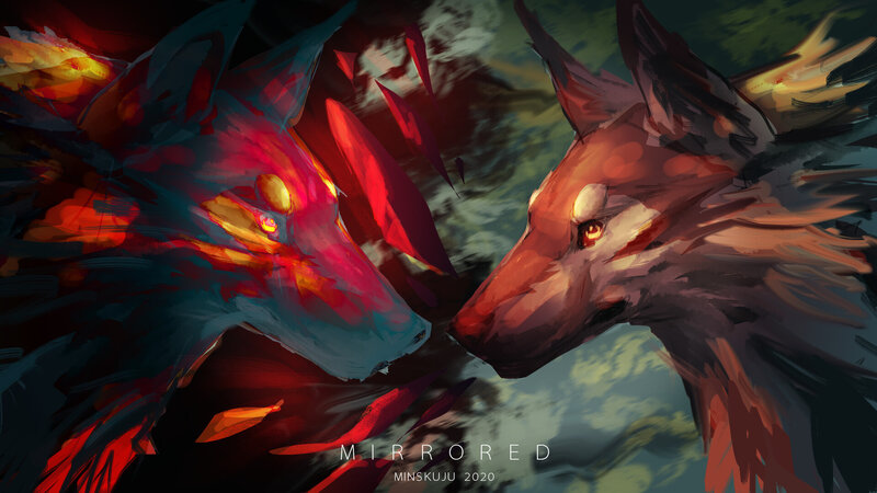Two Wolves Facing Each Other — Red